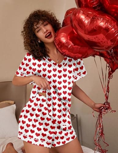 Ekouaer Silk Pajama for Women Short Sleeve Satin Pj Set Two Piece Soft Sleepwear Loungewear Casual Pjs for Summer Red Heart M - Thumbnail 3