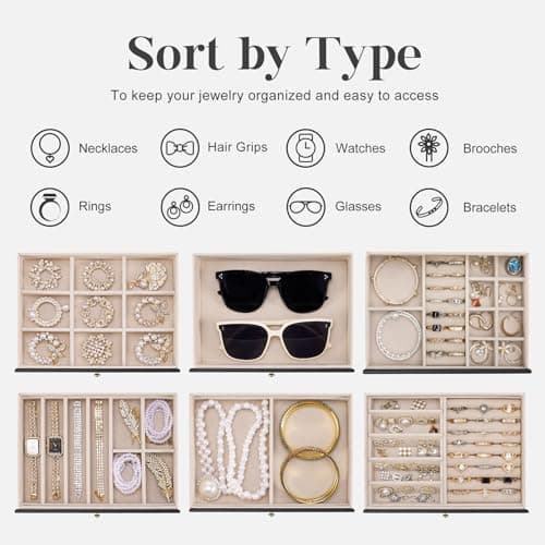 Dajasan Large Jewelry Organizer Box with 5 Drawers, Jewelry Box for Women, 6-Tier Jewelry Storage Organizer with Mirror for Necklace Ring Bracelet Watch, Gift Idea (Black) - Thumbnail 4