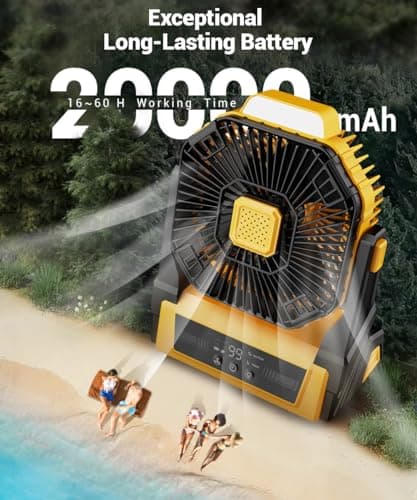 KopBeau Portable Camping Fan with Lights, 20000mAh Rechargeable Battery Operated Fan, Battery Powered Outdoor Beach Tent with 3 Speeds & Hook, Personal USB Table for Camping Accessories - Thumbnail 3