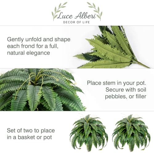 LuceAlberi Artificial Boston Fern Bush - Set of 2 45Inch Fake Ferns with 55 Fronds, Large Hanging Faux Plants Decor, UV Resistant Faux Fern Vines Silk Greenery for Outdoor Indoor, Porch, Farms, Patio - Thumbnail 6
