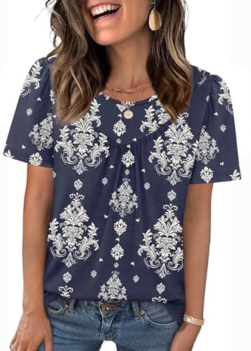 WIHOLL Women's Clothing Puff Sleeve Summer Tops for Seniors Business Casual Work School Teacher Outfits Pleated Front Shirts Spring Beach Vacation Clothes for Women - Image 1