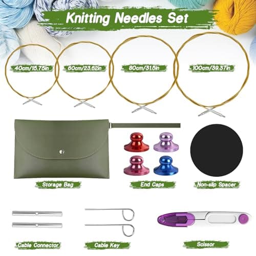 TRILVIX Knitting Needles Set, 13 Pairs Aluminum Interchangeable Circular Knitting Needles Set 4 Inch with 4 Cables, Accessories and Storage Bag for Multiple Knitting Projects Green - Thumbnail 2
