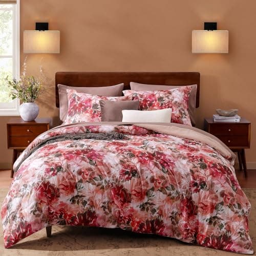 CASAAGUSTO Full Comforter Set, 7 PCS Red Rose Floral Comforter Set with Flowers Leaves Pattern, Soft Seersucker Design All Season Full Size Bedding Set(80"X90")