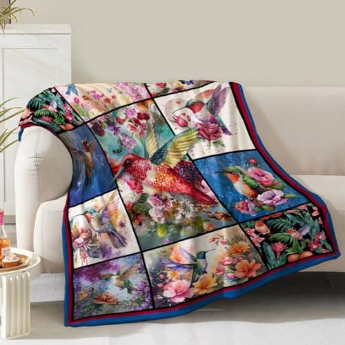 Hummingbird Blanket Gifts for Women Girls Mom Birthday Christmas Valentine Present Colorful Floral Bird Flower Theme Decor Bedroom Living Room Sofa Couch Soft Cozy Plush Kids Adults Teen Throw 60"x50" - Image 1