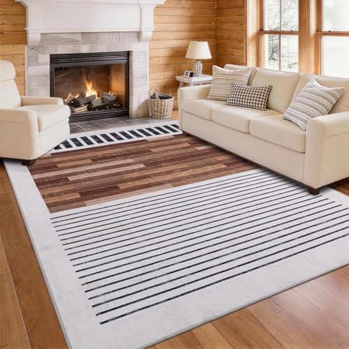 YIHOUSE 6x9 Washable Rug, Mid Century Modern Striped Rug for Living Room, Neutral Brown & Black and White Low Pile Non Slip Area Rug for Bedroom Dining Room Office Home Decor