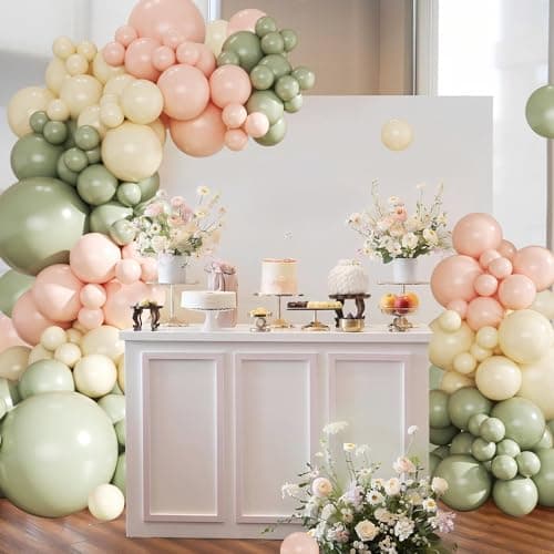 Pink and Green Balloon Arch Kit 124Pcs Sage Green Peach Ivory White Balloons Different Size for Baby Shower Wedding Bridal Shower Birthday Gender Reveal Party Decorations - Thumbnail 2