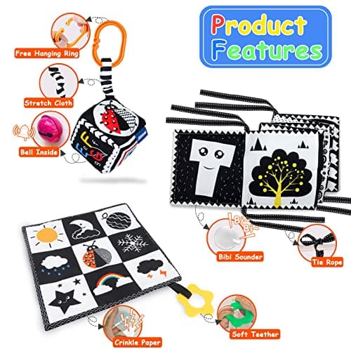 KUANGO 3 PCS Black and White High Contrast Baby Toys Newborn Toys 0-6 Months, Visual Stimulation Sensory Soft Book, Infant Tummy Time Toys 0-3-6 Months Baby Gifts - Thumbnail 3