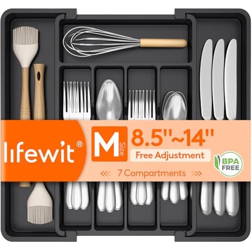Lifewit Silverware Drawer Organizer, Expandable Utensil Tray for Kitchen, BPA Free Flatware and Cutlery Holder, Adjustable Plastic Storage for Spoons Forks Knives, 8.5-14 x 12", Black - Image 1