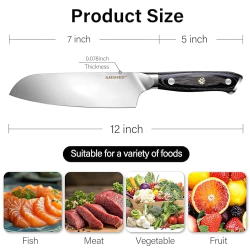 ANSHEE 7 Inch Japanese Santoku Knife-Full Tang High Carbon Stainless Steel Professional Chef Knife, Multipurpose Kitchen Blade with Wood Handle&Sheath/Gift Box for Meat, Veggies,Fruits Home&Restaurant - Thumbnail 3
