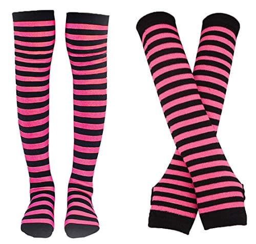 Bienvenu Women Stretch Striped Socks Knee High Stockings Long Arm Warmer Fingerless Mitten Gloves,Fuchsia - Image 1