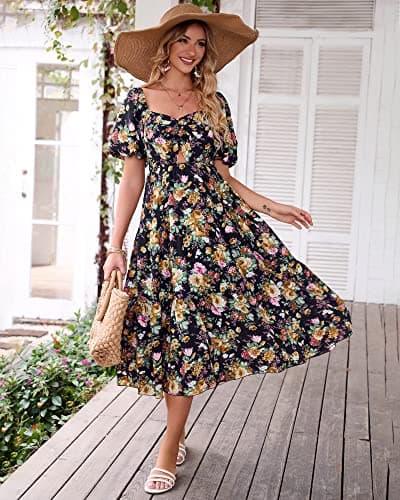 BTFBM Summer Dresses for Women 2026 Spring Outfits Beach Vacation Short Sleeve Smocked Boho Casual Floral Maxi Dress(Floral Black Yellow, Small) - Thumbnail 2