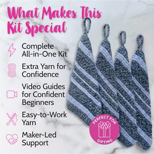 KnitPal Everyday Joy Knitting Kit – Make 4 Reusable Dishcloths for Confident Beginners – Cotton to The Core Yarn (#3 DK), Needles, Patterns & Video Tutorials (Jean Blue + Sky Blue) - Thumbnail 2