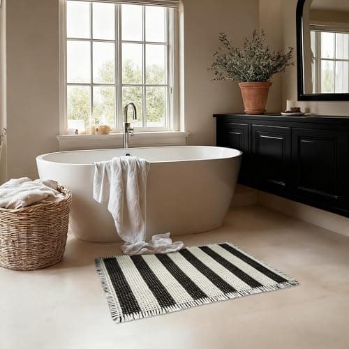 MatEssenz Waffle Bath Mat Water Absorbing Nonslip Fast Drying Comfortable Foot Feeling Bath Mat Small Soft Bathroom Rugs for Bathroom, 2x3ft, Black and White Stripes - Image 1