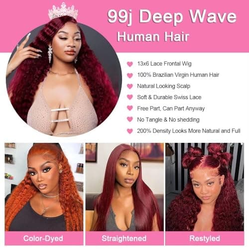 Yeeaak 28inch Burgundy Wig Human Hair 99j Burgundy 13x6 Deep Wave Hd Lace Front Wigs Human Hair 200% Density Wet And Wavy Glueless Wig For Women Wine Red Colored Curly Wig Pre Plucked With Baby Hair - Thumbnail 5