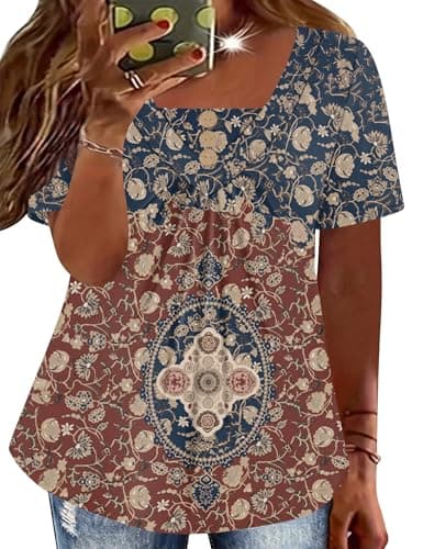 TFSDOD Womens Plus Size Tops Short Sleeve Shirts for Women Button Down Boho Printed Blouses Pleated Summer Casual Tees Vintage Red Boho XL - Image 1
