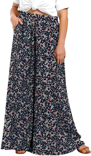 Lastshe Plus Size Pants for Curvy Women Wide Leg Elastic High Waisted Flowy Casual Palazzo Pants Summer Floral Boho Beach Trousers, Dark Blue Print, 1X - Image 1