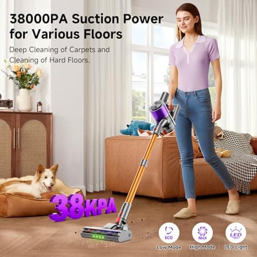 Clinkal Cordless Stick Vacuum Cleaner, 38Kpa Powerful Suction Vacuum Cleaner with LED Headlight, Detachable Battery, 8-in-1 Lightweight Handheld Vacuums for Pet Hair Carpet and Hardwood Floor, Purple - Thumbnail 2
