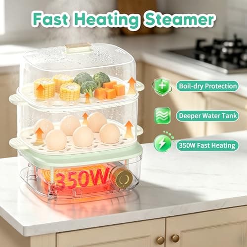 Electric Food Steamer for Cooking, 2-Tier Rapid Egg Cooker, Stackable Steam Cooker for Baby Food, Meal Prep, Quick Healthy Cooking for Vegetables, BPA-Free, 30-Min Timer, 3 Containers&1 Spoon Included - Thumbnail 3