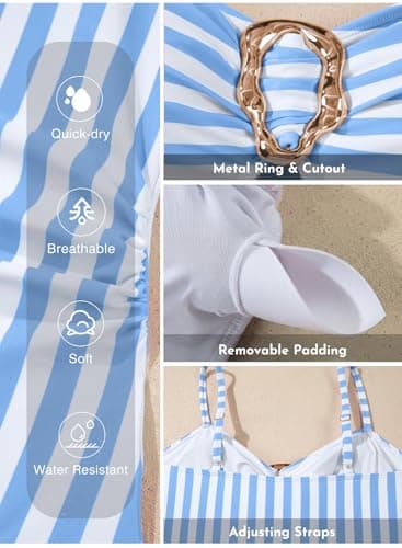 Aleumdr Womens Color Block Vintage One Piece Bathing Suits Tummy Control Swimsuits Push Up Bathing Suits Flattering Swimwear Sky Blue Stripe Large - Thumbnail 6