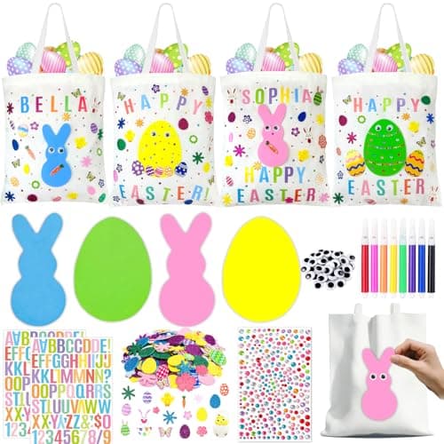 HejVulkan Personalized Easter Canvas Tote Bags, DIY Easter Egg Hunt Bags with Foam Stickers and Colored Pens, Color Your Own Tote Bag, Fun and Creative Easter Crafts Kit (4 Packs) - Image 1