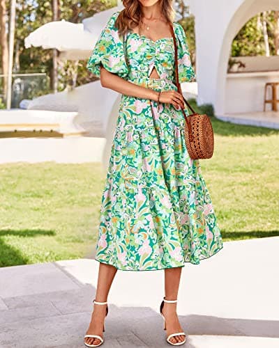 BTFBM Women's Clothing Spring Summer Dresses 2026 Beach Vacation Short Sleeve Smocked Back Boho Casual Floral Maxi Dress(Print Green, Small) - Thumbnail 6