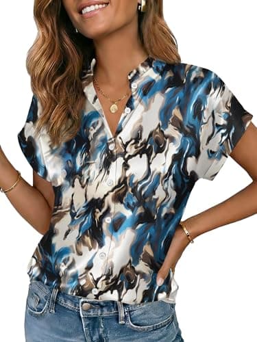 Funlingo Womens Silk Satin Tops Short Sleeve Button Down Shirts Summer Dressy Ruffle Collared Blouses Business Casual Outfits 2026 Tie Dye XL - Image 1