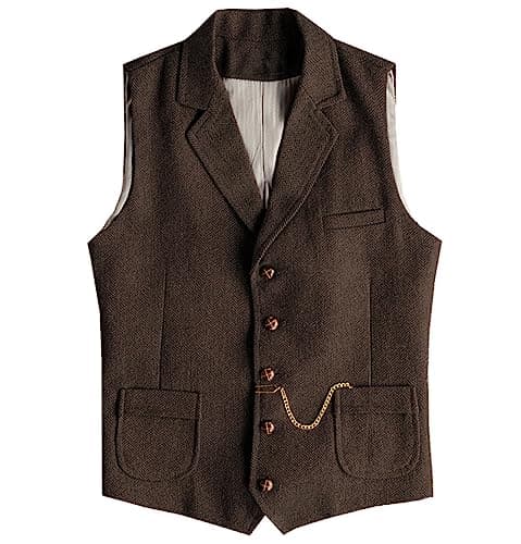 AeoTeokey Men's Tweed Suit Vest Western Herringbone Wool Casual Waistcoat for Groomsman (Coffee,X-Large) - Image 1