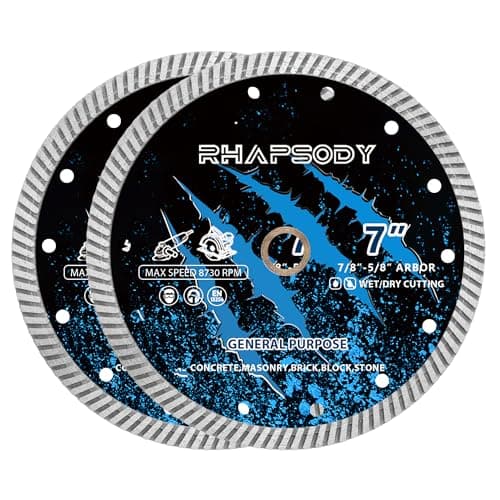 RHAPSODY 7Inch Diamond Saw Blade 2pcs,Continuous Turbo Rim General Purpose Blade Dry/Wet Cutting Concrete,Masonry, Brick, Block,Stone,Paver 7/8"-5/8" Arbor