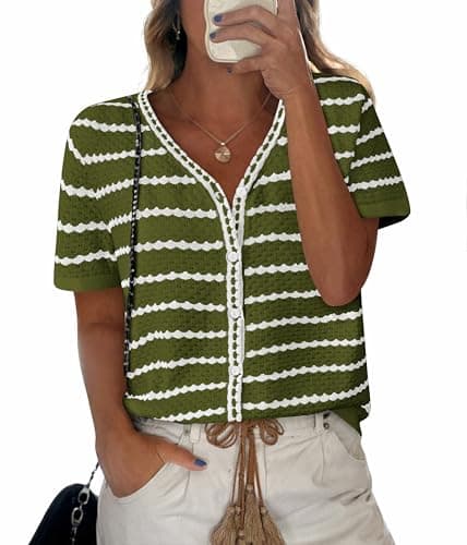 NALANISA Short Sleeve Sweaters for Women Trendy 2026 Spring Summer Tops V Neck Striped Button Up Causal Dressy Blouses (Army Green,XL) - Image 1