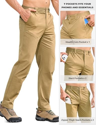 MOURCE Men's Quick Dry Cargo Pants - Water Resistant Outdoor Hiking Pants Men with 7 Pockets & Belt, Khaki - Thumbnail 4