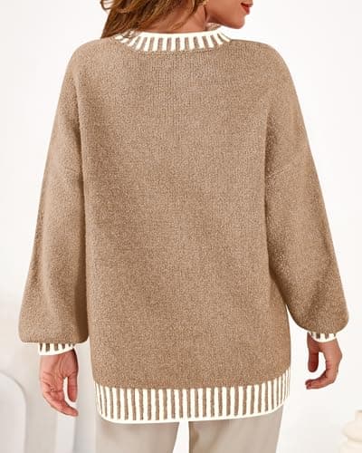 KIRUNDO Oversized Sweaters for Women 2026 Long Sleeve Crewneck Fall Tops Contrast Chunky Knit Pullover Winter Clothes(Khaki, Small) - Thumbnail 2