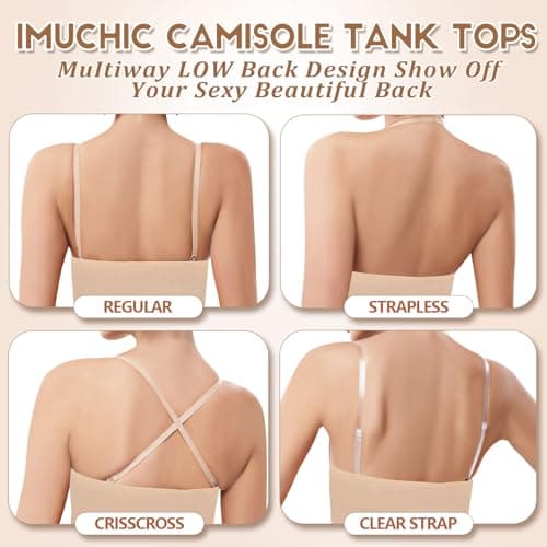 iMuchic Camisole Tank Tops for Girls, Stretch Undershirts Comfortable Camis with Clear Straps and Silicone Cover (US, Alpha, Large, Regular, Regular, Beige) - Thumbnail 3