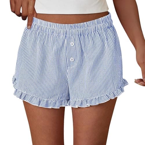 PRETTYGARDEN Womens Boxer Shorts Y2K Ruffle Pajama 2026 Summer Spring Lounge Sleep Striped Casual Beach Pj Bottoms Pockets (Stripe Blue,Small) - Image 1