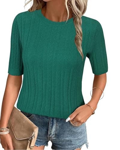 Arach&Cloz Womens Summer Sweater 2026 Spring Tops Business Trendy Dressy Short Sleeve Casual Blouses Outfits Crew Neck Fashion Lightweight Knit Pullover Cute Shirts Work Spring Green L - Image 1