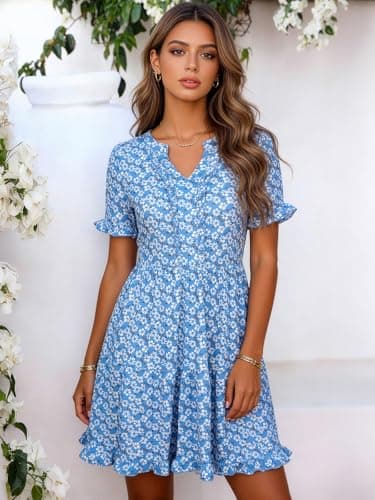 Berydress Women's Casual Summer Dresses with Pockets 2026 V Neck Short Sleeve Floral Print Tiered Ruffle Flowy Cute Boho Beach Mini Dress(S,6316-Blue Daisy) - Thumbnail 3