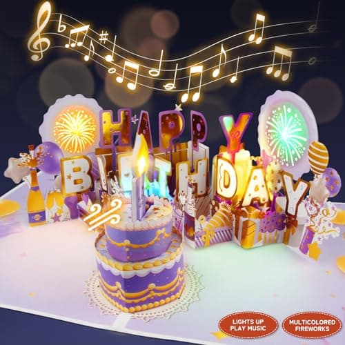 XTF2015 Firework Birthday Cards，Music & LED Lights 3D Pop Up Greeting Card with Blowable Birthday Cake, Comes with Digital DIY, Sticky Note and Envelope, for Lover, Family and Friend - Image 1