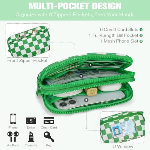 WOOMADA Checkerboard Nylon wristlet wallets for women - Crossbody Bag with Credit Card Holder & Cell Phone Organizer(Kelly Green Checkerboard) - Thumbnail 3