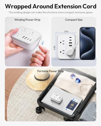 NTONPOWER 10 in 1 Travel Power Strip, 6 Outlets 4 USB Ports(2 USB C), 4ft Extension Cord Wrapped Around Small Power Strip, Compact for Travel, Hotel, Cruise Approved, White - Thumbnail 3