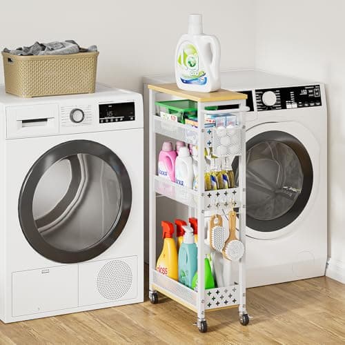 MJIMKE Utility Slim Rolling Storage Cart with Wheels, 4 Tier Narrow Metal Kitchen Cart Bathroom Laundry Room Organization Trolley with Wood Rack and Removable Mesh Basket for Small Space, 7.1IN White