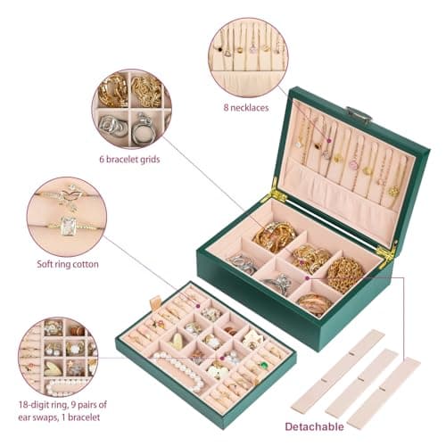 ASINGYER Small Jewelry Organizer for Women, 2-Layer Travel Jewelry Box with Portable Case, Necklace Ring Storage for Dresser, Girls Teens Gifts (Green) - Thumbnail 5