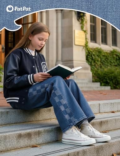 PATPAT Girls Jeans Denim Y2K Elastic Wasit Wide Leg Baggy Jean Trendy Preppy Pants Kids Clothes with Pockets 7-8 Years - Thumbnail 5