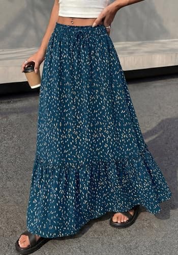 BTFBM Womens Boho Maxi Skirt 2026 Summer Floral High Waisted Flowy Tiered Long Spring Beach Vacation Skirts Pockets(Blue, XX-Large) - Thumbnail 4