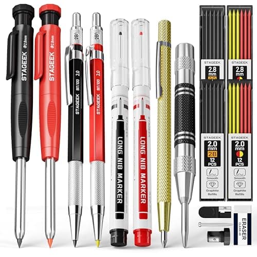 STAGEEK 17 Pack Carpenter Pencil Set with Sharpener, Mechanical Carpenter Pencils with 60 Refills, Deep Hole Long-Nib Marker Pens, Carbide Scribe Tool & Construction Pencils for Architect with Case - Image 1