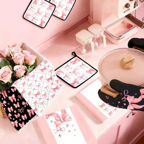 Vetoxka 10 Pcs Cute Pink Bow Kitchen Decor and Accessories - Valentines Day Sets 4 Dish Towels 2 Pot Holders 2 Oven Mitts 2 Rugs for Kitchen Bathroom Home Cooking Housewarming Baking Daughter Mom Gift - Thumbnail 6