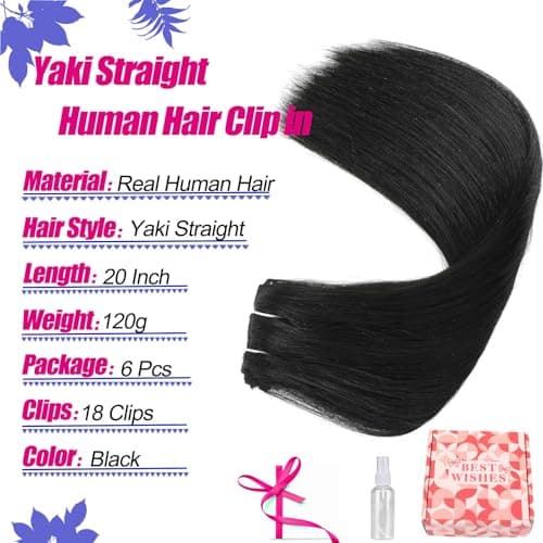 Yaki Straight Clip in Hair Extensions Real Human Hair 20Inch 120g 6Pcs Seamless Human Hair Clip in Extensions for Women Clip ins Hair Extensions Double Weft (Black, 20 Inch) - Thumbnail 3
