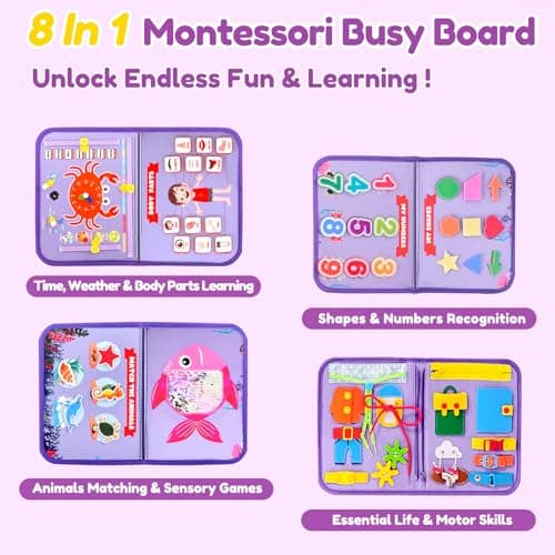 Qizfun Montessori Busy Board Book for Toddlers, Mermaid Sensory Learning Toy for Girls, Educational Fine Motor Skills Toy, Travel Busy Board for Car & Airplane - Thumbnail 2