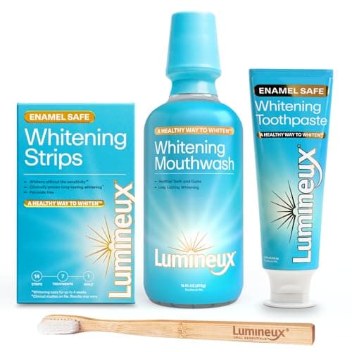 Lumineux Teeth Whitening Kit Peroxide Free for Whiter Teeth Includes 7 Whitening Treatments, 1 Mouthwash, 1 Toothpaste & 1 Bamboo Toothbrush, Dentist Formulated - Image 1