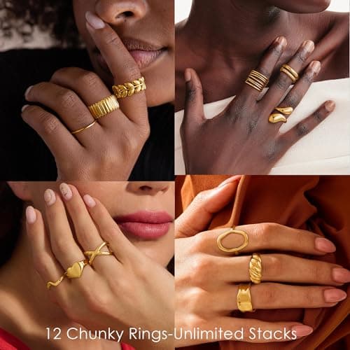 Yoosteel Easter Gifts for Women - 14K Gold Plated Chunky Rings Stack for Women Hypoallergenic Thick Stackable Open Rings Non Tarnish Dainty Ring Stack Set Trendy Jewelry Gifts 12 PCS - Thumbnail 4