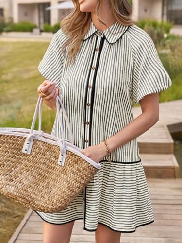 Wenrine Womens Summer Button Down Shirt Dress Casual Striped Puff Short Sleeve Collared Loose Mini Dresses with Pockets Grey - Thumbnail 3
