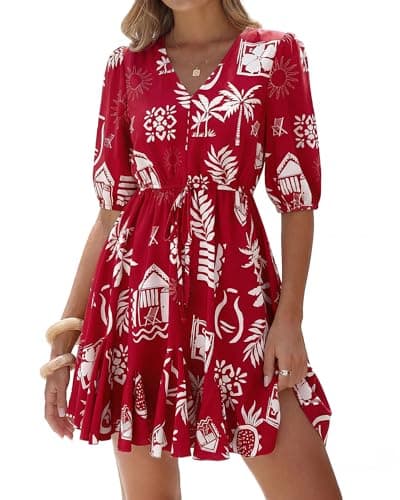 BTFBM Women Summer Spring Floral Boho Dress 2026 V Neck Short Sleeve Ruffle Beach Vacation Clothes Wedding Guest Dresses(Floral Burgundy White, Medium) - Image 1